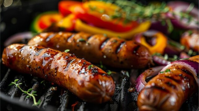 Delicious assortment of sausages and merguez sizzling on a barbecue grill at a vibrant summer party