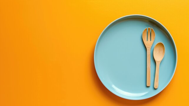 A blue plate with wooden fork and spoon on a bright orange background.