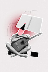 Vertical photo collage of guy instead head marker notepad write new song guitar acoustic performer...