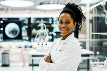 A cheerful image of a female scientist in a lab coat, smiling confidently in a high-tech laboratory setting - obrazy, fototapety, plakaty
