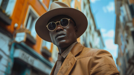Stylish man in a tan suit and fedora hat stands confidently in an urban setting, with vibrant city buildings in the background. - obrazy, fototapety, plakaty