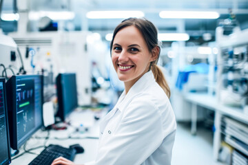Smiling woman in white lab coat at a workstation with monitors in a modern laboratory