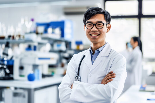 An inspirational image of a young Asian male doctor standing with folded arms in a clinical setting, radiating confidence