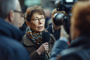 Mature professional politician woman giving an interview for TV to a reporter on the street with a microphone in her hand talking to the camera, selective focus
 - Powered by Adobe