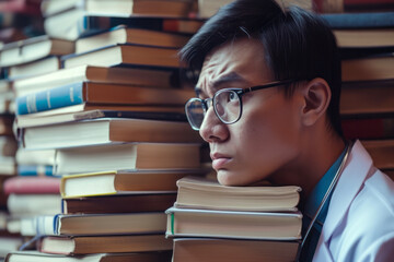 Close portrait a young Asian beauty man with glasses with big feet, books next to them or in their background, the motif of a lot of work or having a lot on his mind

