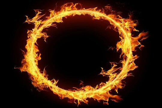 Intense fiery flames circle frame design on dark background for striking visual impact