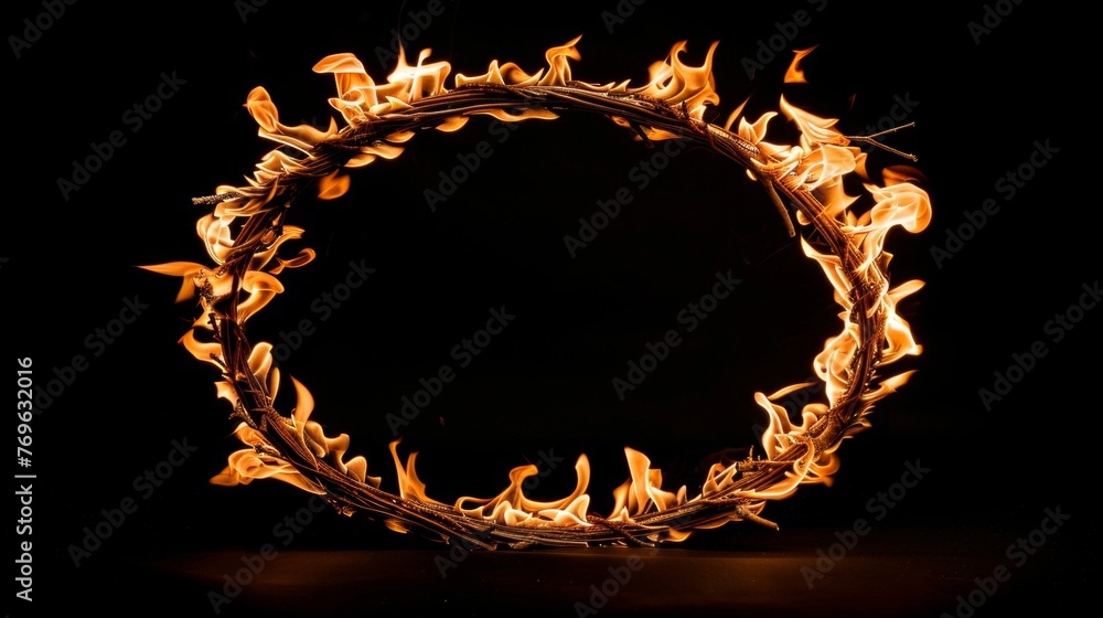 Poster circular frame created by burning flames in a circular pattern, isolated on black background