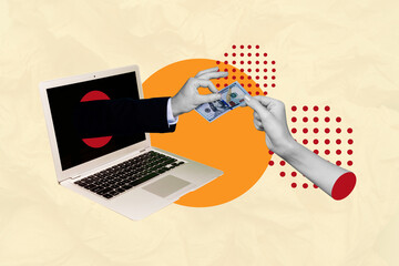 Composite photo collage of laptop hand transfer money cyber scammer hacker bribe motivation bill...