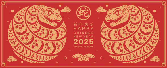 Happy chinese new year 2025 year of the snake with flower,lantern,asian elements red and gold traditional paper cut style on color background. (Translation : happy new year 2025 the snake zodiac )