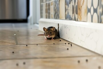 mouse peeking out from baseboard hole in modern kitchen