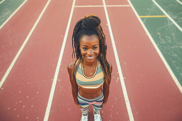 Playful female athlete on track looking up with a smile, overhead view