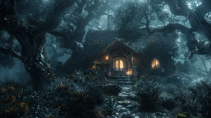 An enchanting nighttime scene of a cozy cottage nestled within a mystical forest. The house exudes a warm glow amidst the surrounding dense trees shrouded in mist. - obrazy, fototapety, plakaty