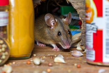 brown mouse peeking from a hole near pantry items