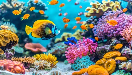 Vibrant anemonefish gracefully swimming among colorful corals in a saltwater aquarium display - obrazy, fototapety, plakaty