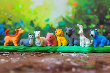 plasticine figurines of animals in a row - 769632447