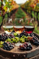 Assorted red, white, and rose wines tastefully arranged on wooden barrel in scenic vineyard backdrop