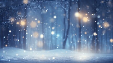 a snowy forest with trees and lights