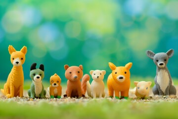 plasticine figurines of animals in a row - obrazy, fototapety, plakaty