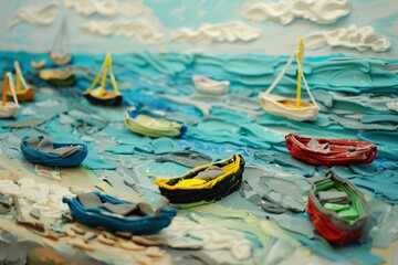 plasticine art depicting a seascape with boats - 769632666