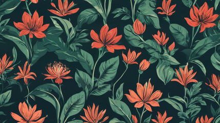 Red Flowers and Green Leaves on Black Background. Generative AI