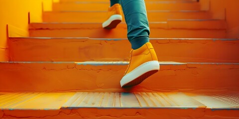 A closeup shot of a persons yellow sneaker walking up a bright staircase. Concept Closeup, Sneaker, Staircase, Yellow, Bright