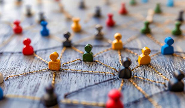 personnages color&eacute;s en bois reli&eacute;s les uns aux autres par des liens pour symboliser la connexion entre les gens