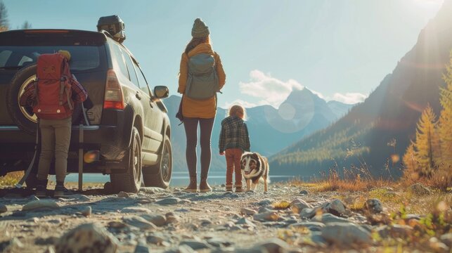 Family on vacation to the mountains using a car with pets.AI generated image