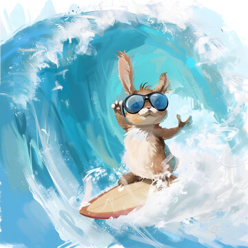 A rabbit in goggles enjoys surfing on a wave, creating a happy aquatic art