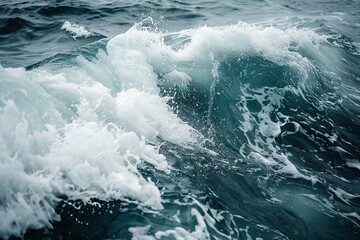 Fototapeta premium Large stormy sea wave in deep blue, isolated on white. Nature of the climate. in front. Generative AI