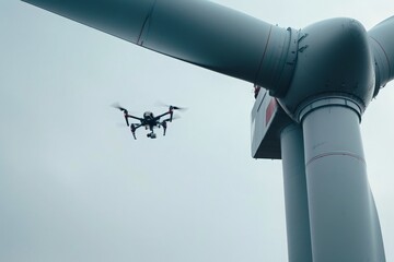 A large wind turbine with a camera attached to it is capturing a drone inspection in progress.