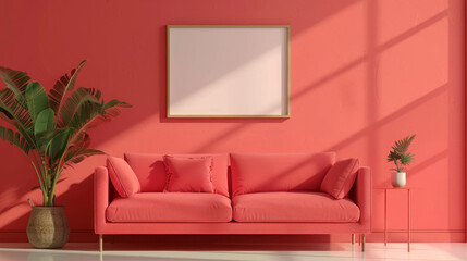 Modern living room with coral sofa and blank wall art frame
