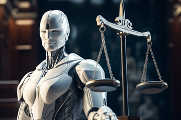 A robot with artificial intelligence next to the scales of justice making legal decisions