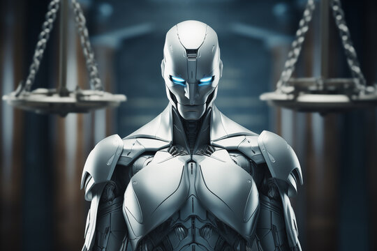 A robot with artificial intelligence next to the scales of justice making legal decisions