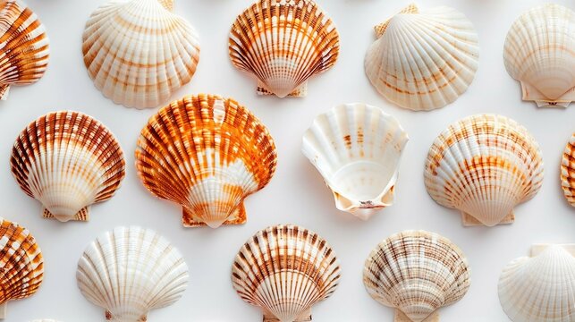 A pattern of seashells arranged in a geometric grid formation. AI generate illustration