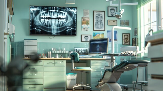 Photo of a dentist's room with all dental supplies and equipment and a computer screen.AI generated image