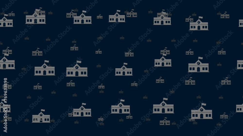 Poster school building symbols float horizontally from left to right. parallax fly effect. floating symbols