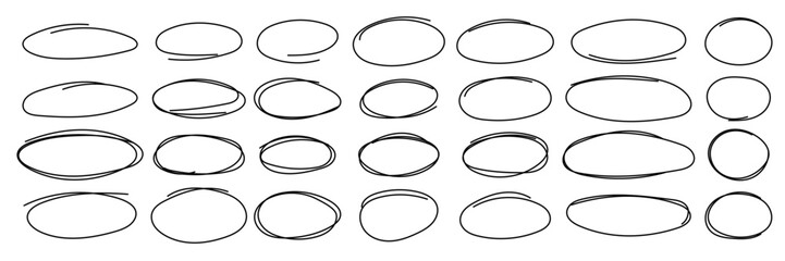 Handdrawn doodle circle highlights. Brush marker pen round ovals. Scribble horizontal ellipse inrounder. Round scrawl frames. Vector illustration of freehand painted circular note