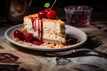 Tempting cheesecake in a clay dish against a newspaper or magazine background