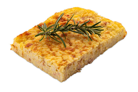 Slice of rice timbale with eggs and ham cheese with rosemary sprig isolated