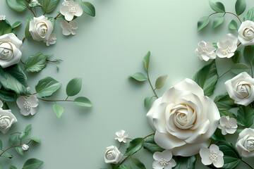 Elegant White Paper Roses on Pastel Green Background, Artistic Floral Arrangement