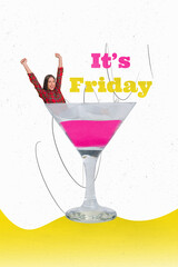 Composite 3D collage trend artwork sketch image of young clubber lady have rest it is friday weekend sit in huge martini alcohol glass
