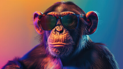 Cool Monkey with Sunglasses on Colorful Background Generative AI - obrazy, fototapety, plakaty