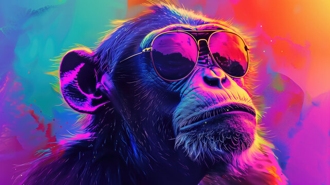 Cool Monkey with Sunglasses on Colorful Background Generative AI
