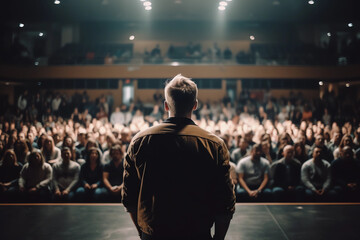 Back view of motivational speaker standing on stage in front of audience