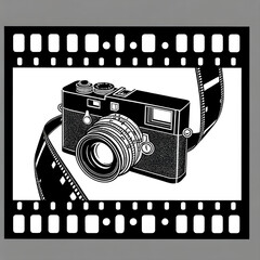 Black and white logo design featuring a analog rangefinder camera and a Kodak Tri-X film strip frame, symbolizing classic film photography and timeless craftsmanship. - obrazy, fototapety, plakaty