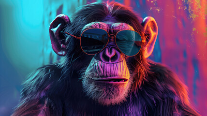 Cool Monkey with Sunglasses on Colorful Background Generative AI