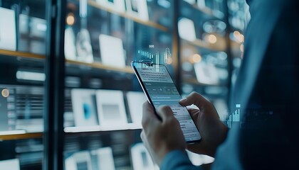 Thoughtful businessman using smartphone in front of digital display of stock market data and graphs.
