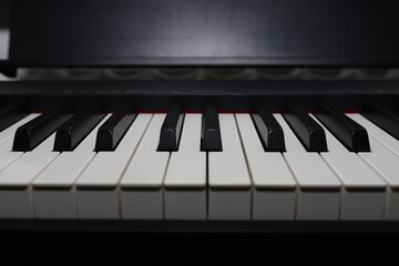 Digital piano keys close up. Matte piano finish. Ivory keys.