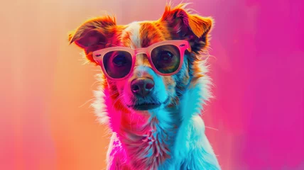 Rolgordijnen cool dog with sunglass in a stunning background ultra realistic Generative AI © Pavithiran