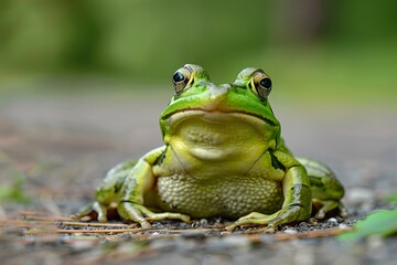 Serene green frog sitting calmly on the ground with its eyes wide open